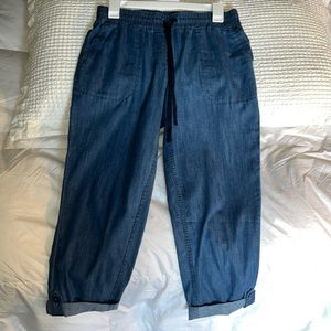 Talbots Lightweight Pull On Ankle Chambray Pants Button Hem Sz Small Petite